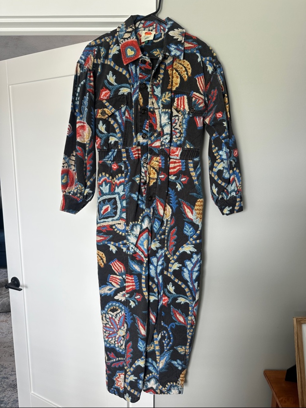 FARM Rio Black Floral Printed Jumpsuit with Blue, Red & Yellow Accents
